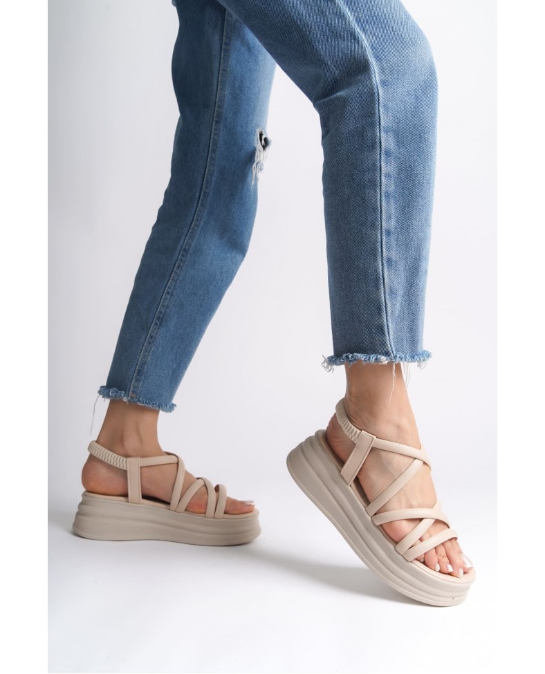 BELLA Lastikli Şerit Detaylı Ortopedik Taban Kadın Sandalet CKT - Krem Somersan Giyim | Kadın, Erkek ve Çocuk Moda