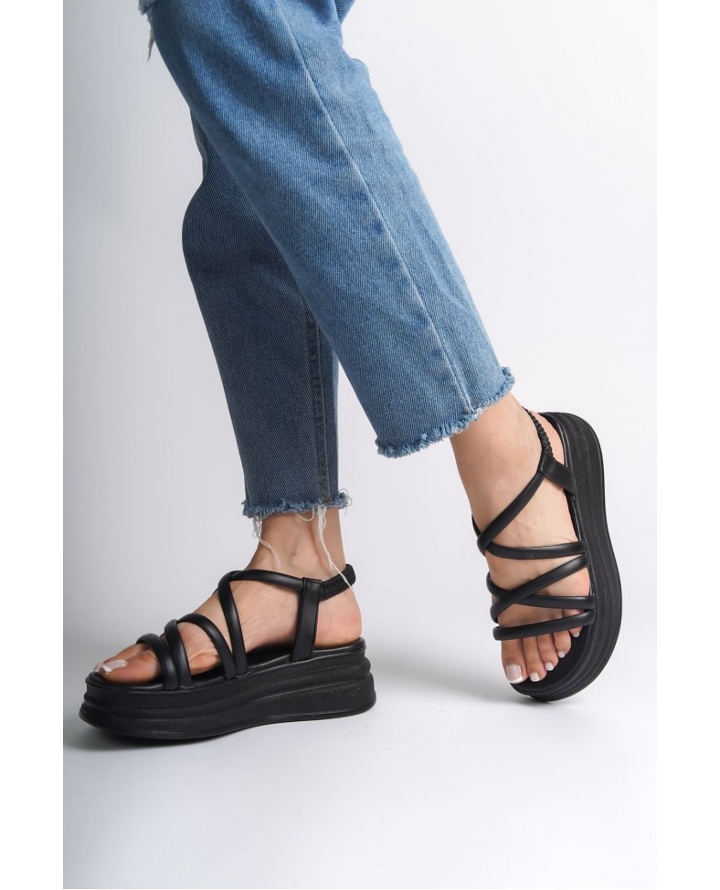 BELLA Lastikli Şerit Detaylı Ortopedik Taban Kadın Sandalet CST - Siyah Somersan Giyim | Kadın, Erkek ve Çocuk Moda