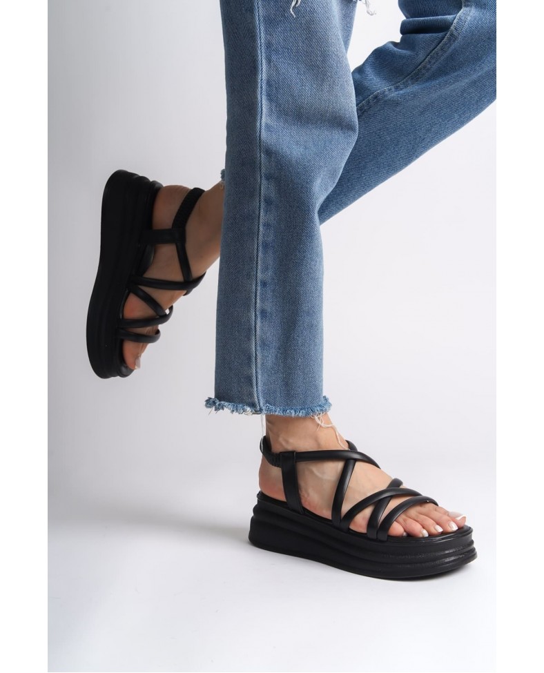 BELLA Lastikli Şerit Detaylı Ortopedik Taban Kadın Sandalet CST - Siyah Somersan Giyim | Kadın, Erkek ve Çocuk Moda