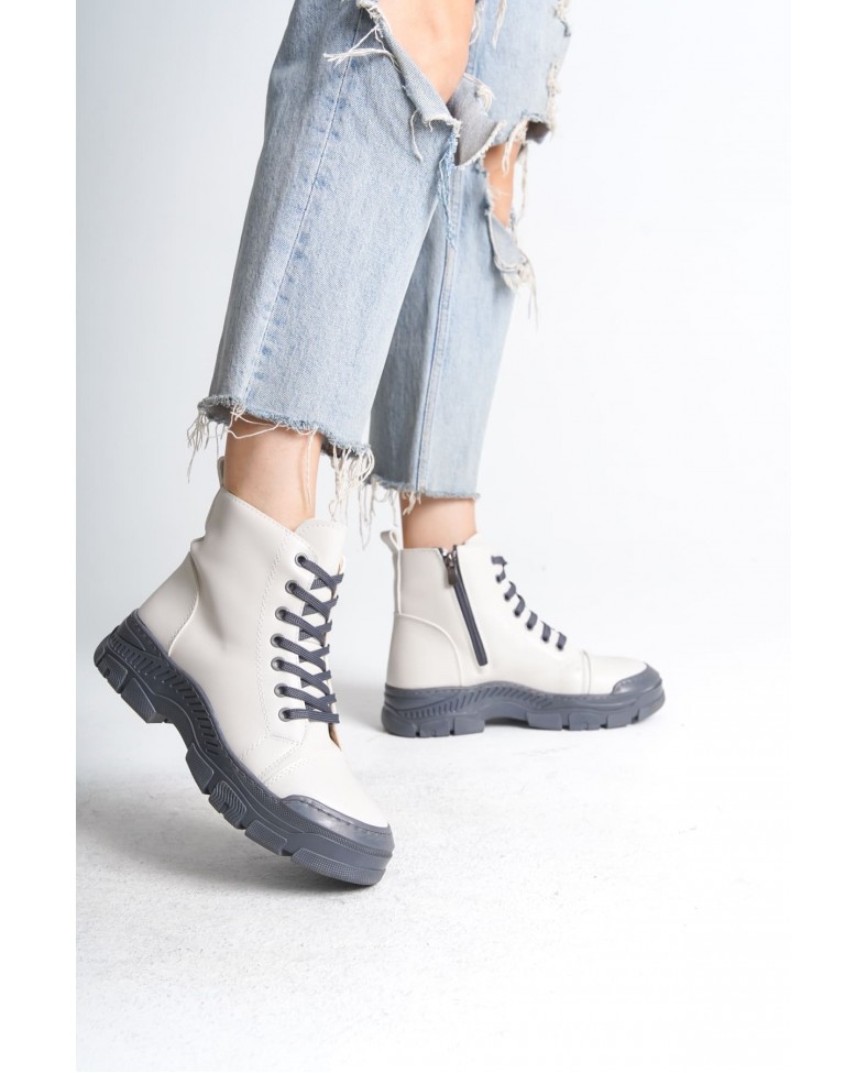 BLOOM Bağcıklı Fermuarlı Ortopedik Taban Kadın Bot  CGT - Krem