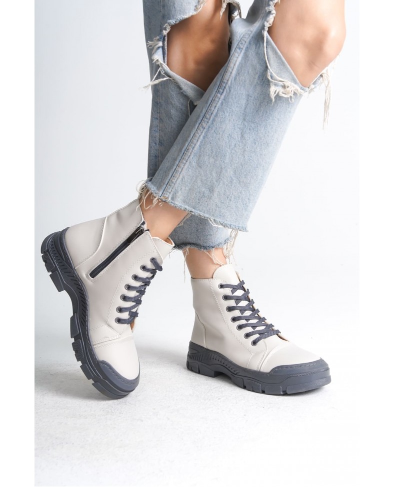 BLOOM Bağcıklı Fermuarlı Ortopedik Taban Kadın Bot  CGT - Krem