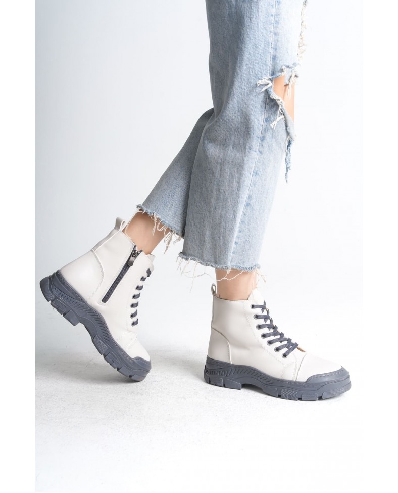 BLOOM Bağcıklı Fermuarlı Ortopedik Taban Kadın Bot  CGT - Krem