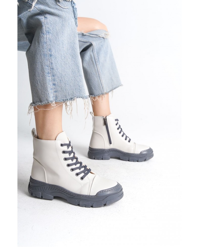 BLOOM Bağcıklı Fermuarlı Ortopedik Taban Kadın Bot  CGT - Krem