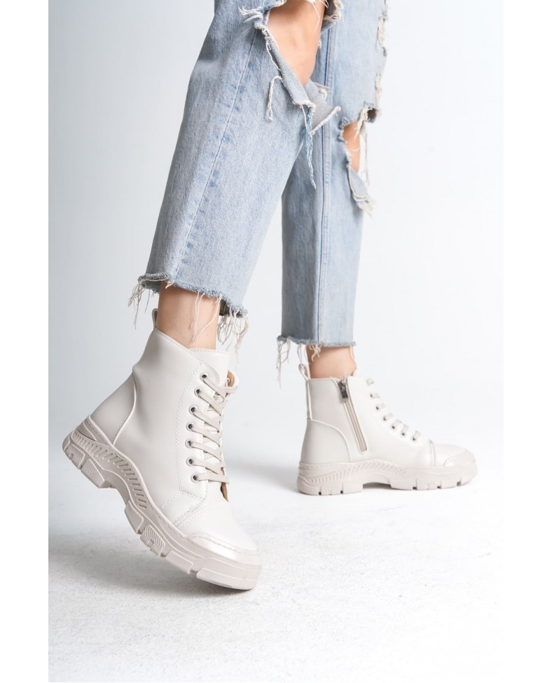 BLOOM Bağcıklı Fermuarlı Ortopedik Taban Kadın Bot  CKT - Krem