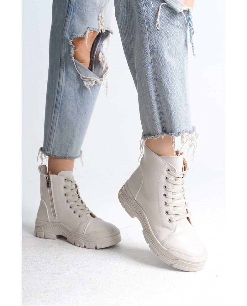 BLOOM Bağcıklı Fermuarlı Ortopedik Taban Kadın Bot  CKT - Krem