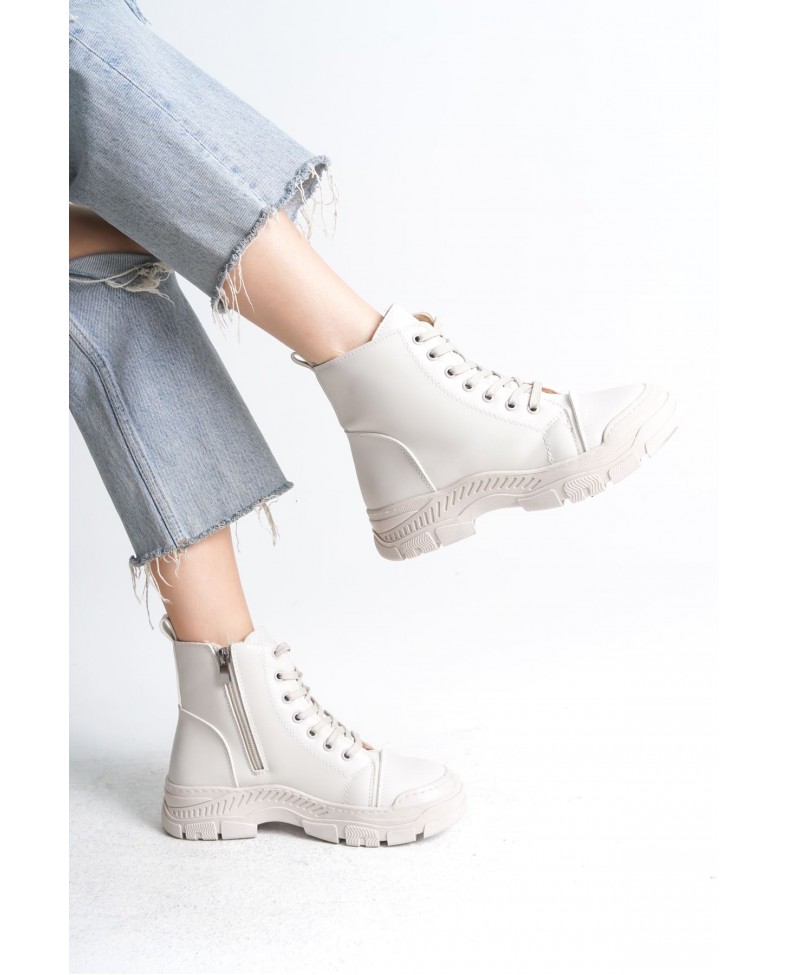 BLOOM Bağcıklı Fermuarlı Ortopedik Taban Kadın Bot  CKT - Krem