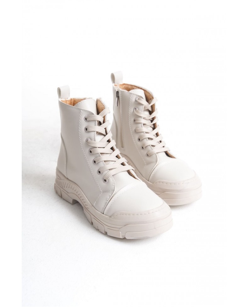 BLOOM Bağcıklı Fermuarlı Ortopedik Taban Kadın Bot  CKT - Krem