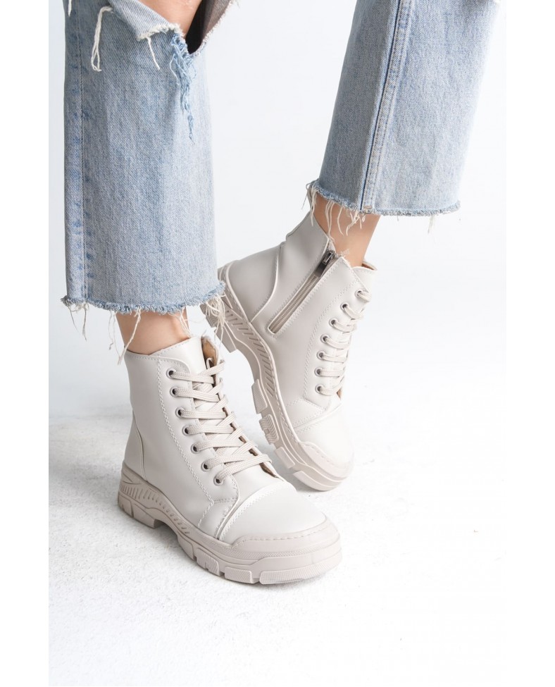 BLOOM Bağcıklı Fermuarlı Ortopedik Taban Kadın Bot  CKT - Krem