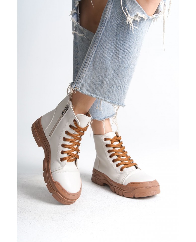 BLOOM Bağcıklı Fermuarlı Ortopedik Taban Kadın Bot  CTT - Krem