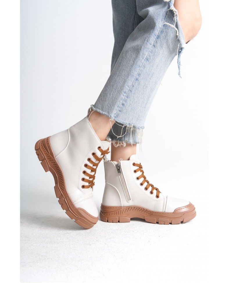 BLOOM Bağcıklı Fermuarlı Ortopedik Taban Kadın Bot  CTT - Krem