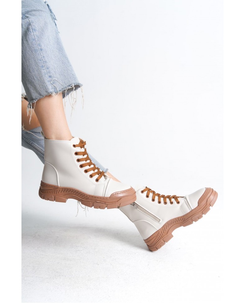 BLOOM Bağcıklı Fermuarlı Ortopedik Taban Kadın Bot  CTT - Krem