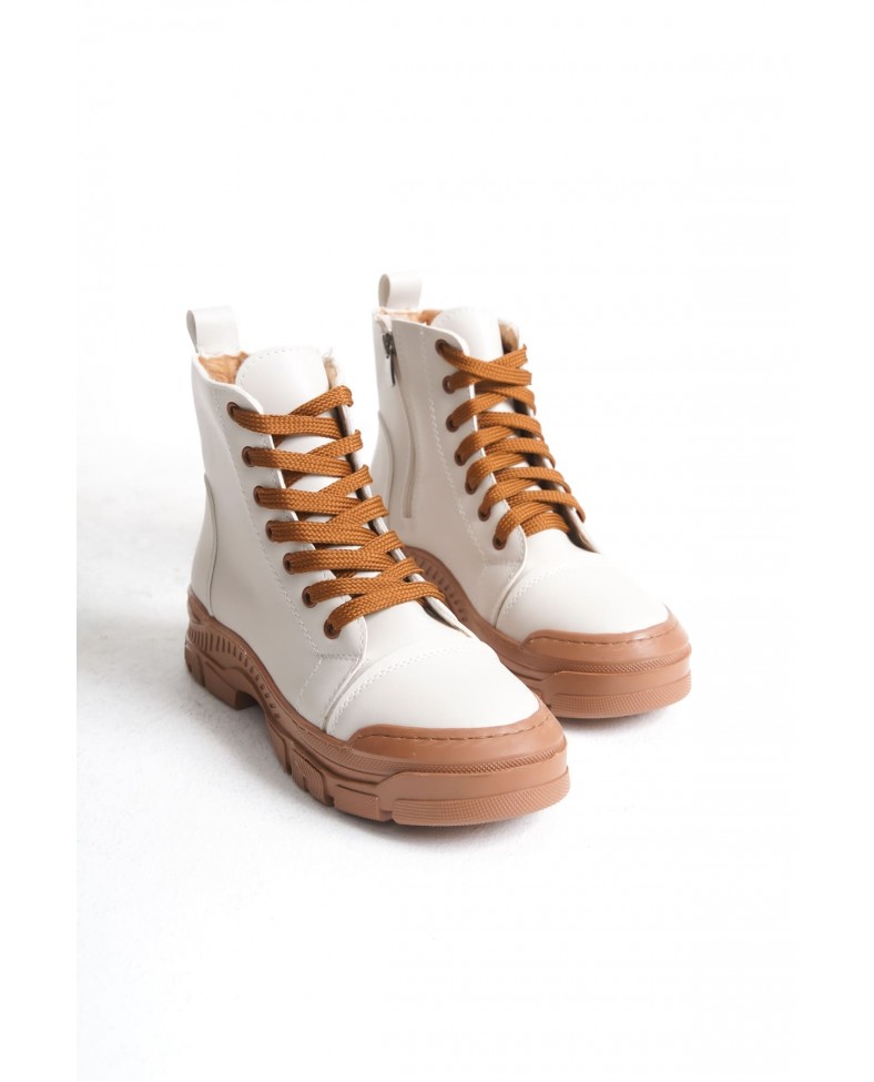 BLOOM Bağcıklı Fermuarlı Ortopedik Taban Kadın Bot  CTT - Krem