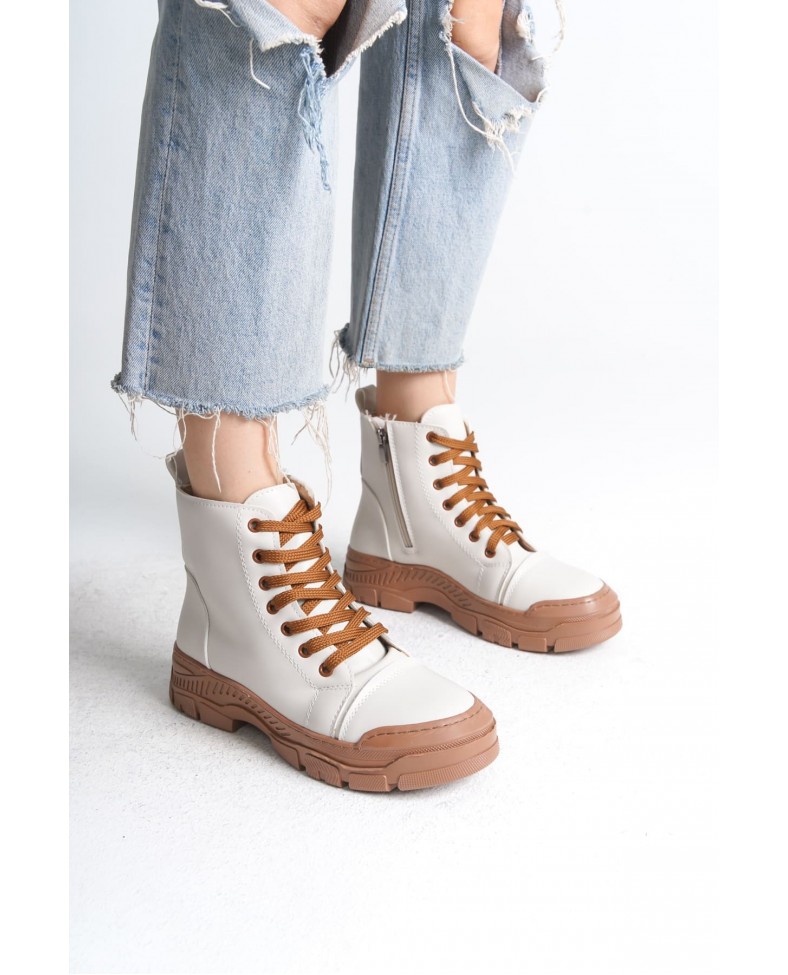 BLOOM Bağcıklı Fermuarlı Ortopedik Taban Kadın Bot  CTT - Krem