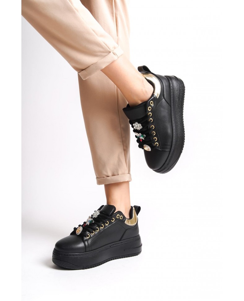 BRIANNA Bağcıklı Ortopedik Taban Renkli Taş Dekorlu Kadın Sneaker Spor Ayakkabı CST - Siyah/Altın