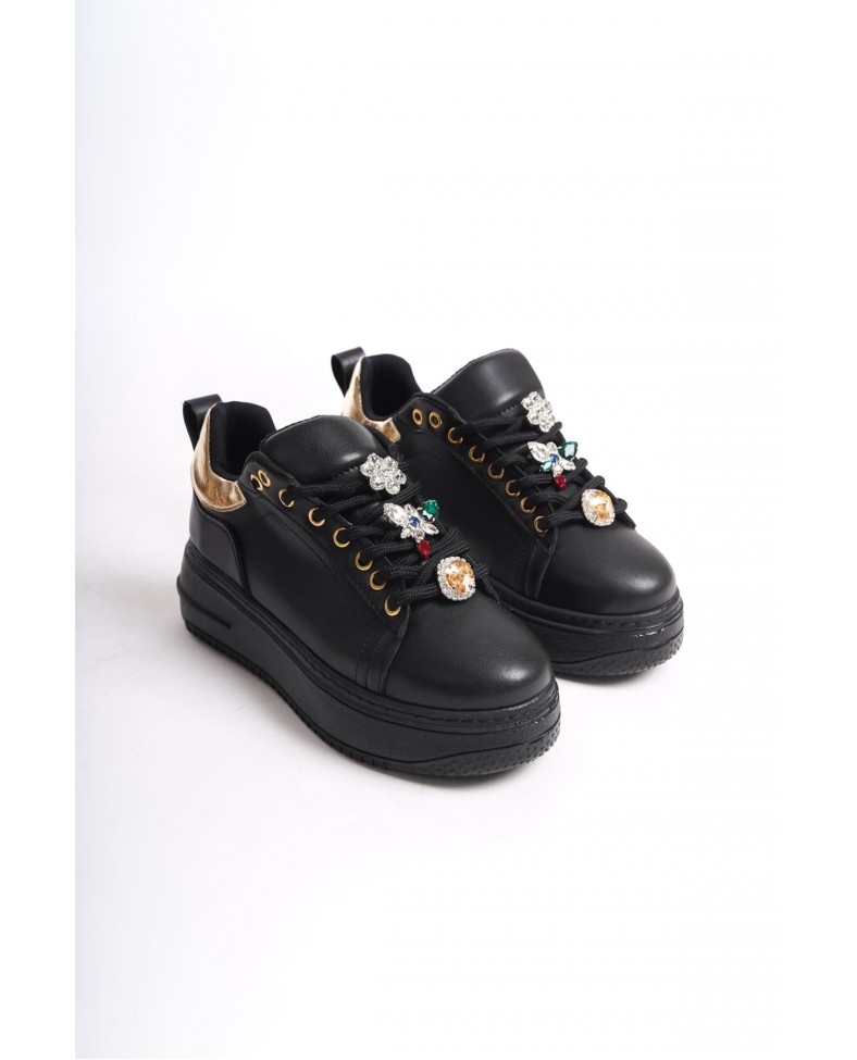 BRIANNA Bağcıklı Ortopedik Taban Renkli Taş Dekorlu Kadın Sneaker Spor Ayakkabı CST - Siyah/Altın