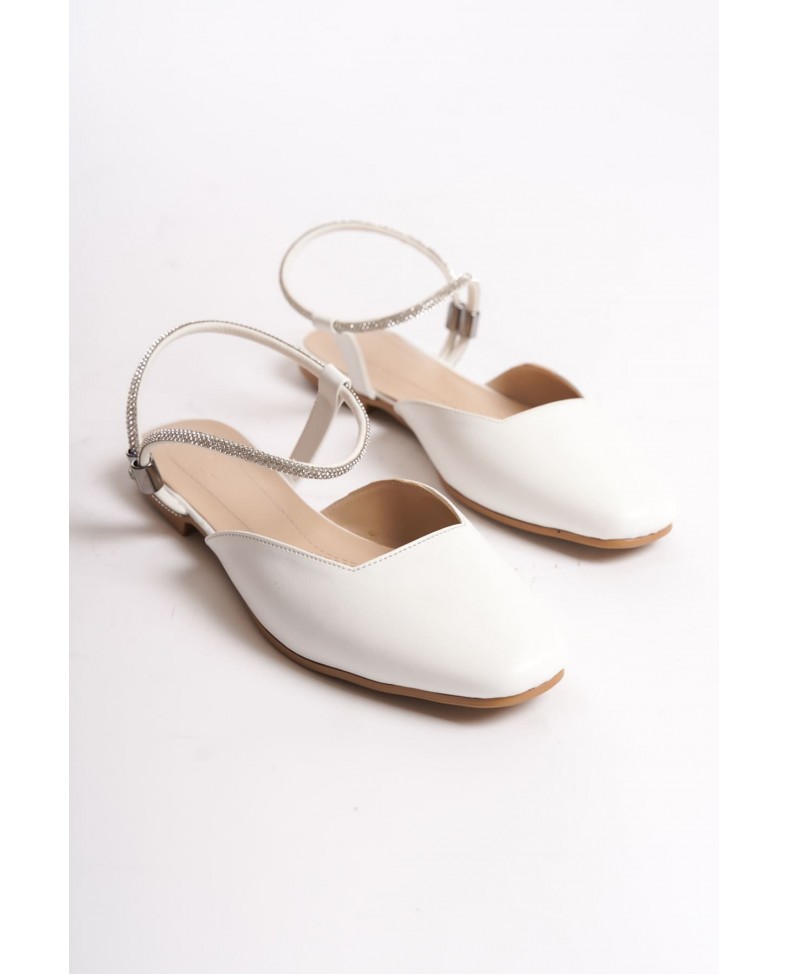 CAROLINE Lastikli Ortopedik Rahat Taban Bilekten Taş Detaylı Kadın Babet Ayakkabı  CKT - Beyaz Somersan Giyim | Kadın, Erkek ve Çocuk Moda