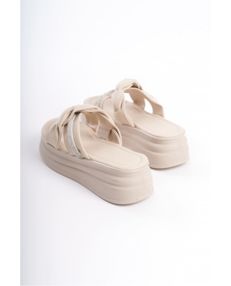 CLARA Düz Topuklu Kurdele Desenli Taşlı Kalın ve Ortopedik Taban Kadın Terlik  CKT - Krem Somersan Giyim | Kadın, Erkek ve Çocuk Moda