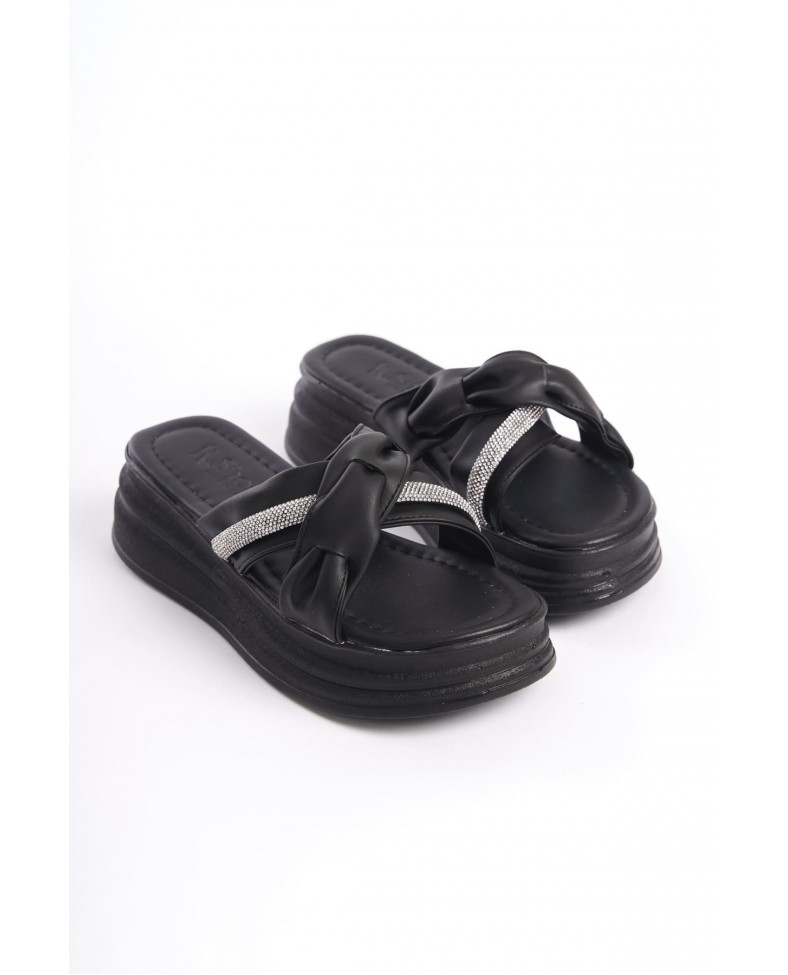 CLARA Düz Topuklu Kurdele Desenli Taşlı Kalın ve Ortopedik Taban Kadın Terlik  CST - Siyah Somersan Giyim | Kadın, Erkek ve Çocuk Moda