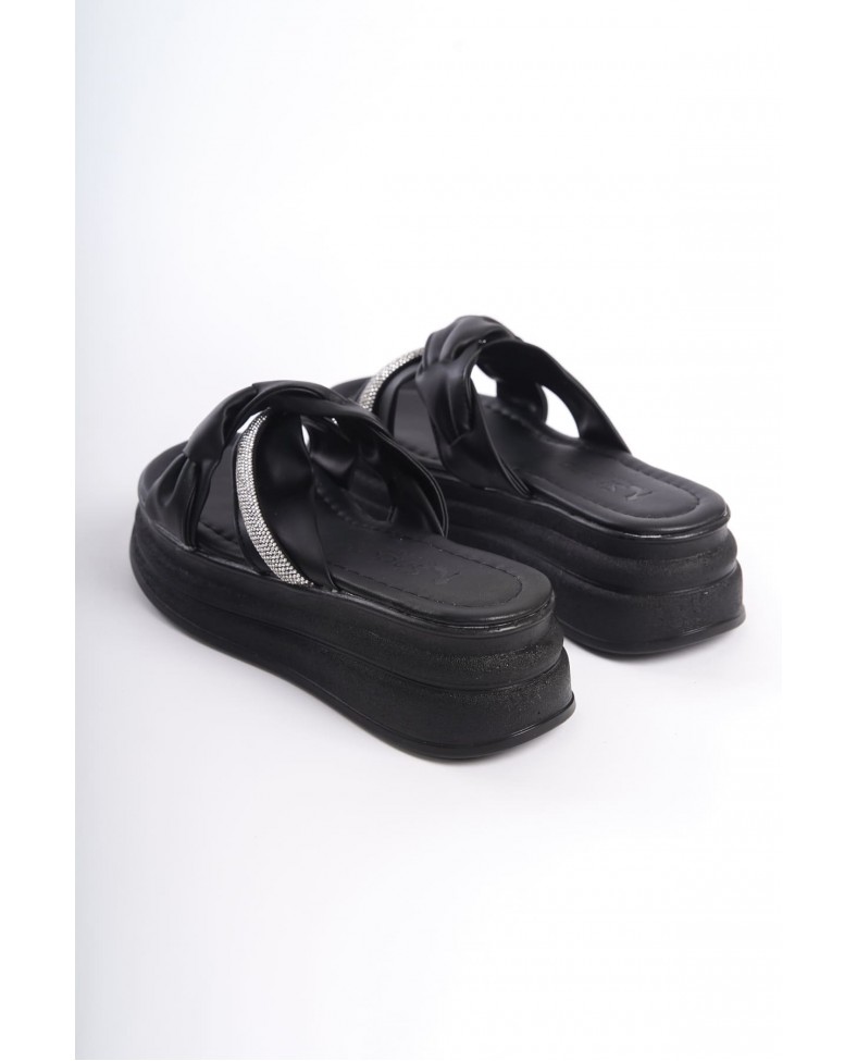 CLARA Düz Topuklu Kurdele Desenli Taşlı Kalın ve Ortopedik Taban Kadın Terlik  CST - Siyah Somersan Giyim | Kadın, Erkek ve Çocuk Moda