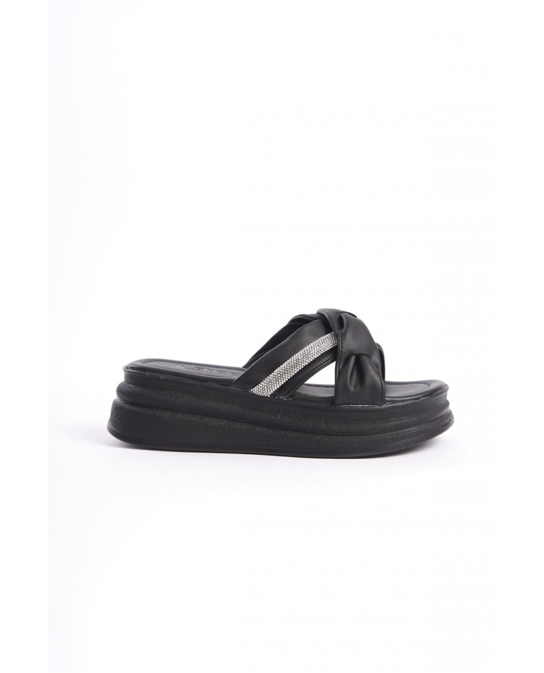 CLARA Düz Topuklu Kurdele Desenli Taşlı Kalın ve Ortopedik Taban Kadın Terlik  CST - Siyah Somersan Giyim | Kadın, Erkek ve Çocuk Moda