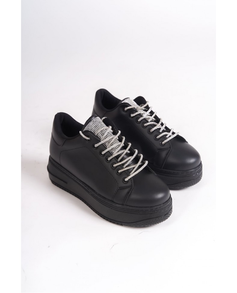 DELLA Bağcıklı Ortopedik Taban Taşlı Kadın Sneaker Spor Ayakkabı  CST - Siyah Somersan Giyim | Kadın, Erkek ve Çocuk Moda
