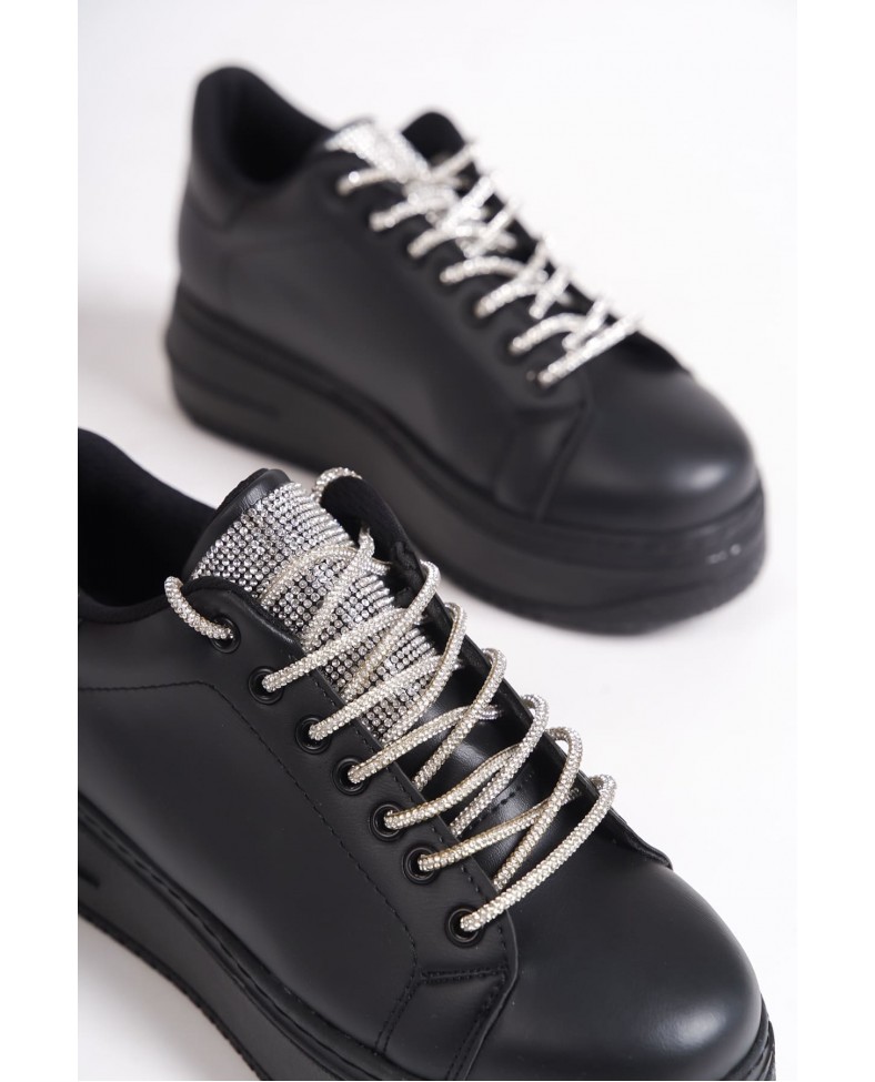 DELLA Bağcıklı Ortopedik Taban Taşlı Kadın Sneaker Spor Ayakkabı  CST - Siyah Somersan Giyim | Kadın, Erkek ve Çocuk Moda