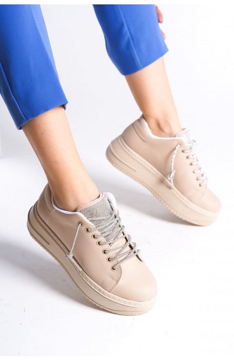 DELLA Bağcıklı Ortopedik Taban Taşlı Kadın Sneaker Spor Ayakkabı CTT - Ten