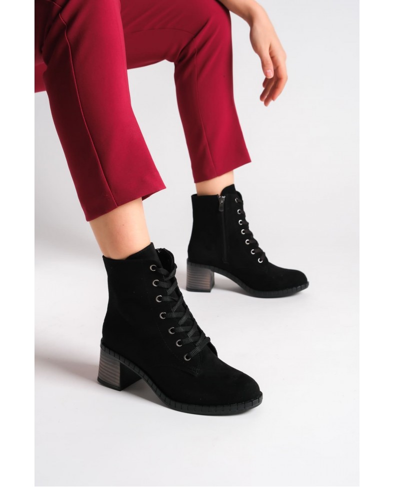 DIANA Bağcıklı Fermuarlı Ortopedik Taban Topuklu Süet Kadın Bot  SST - Siyah Somersan Giyim | Kadın, Erkek ve Çocuk Moda