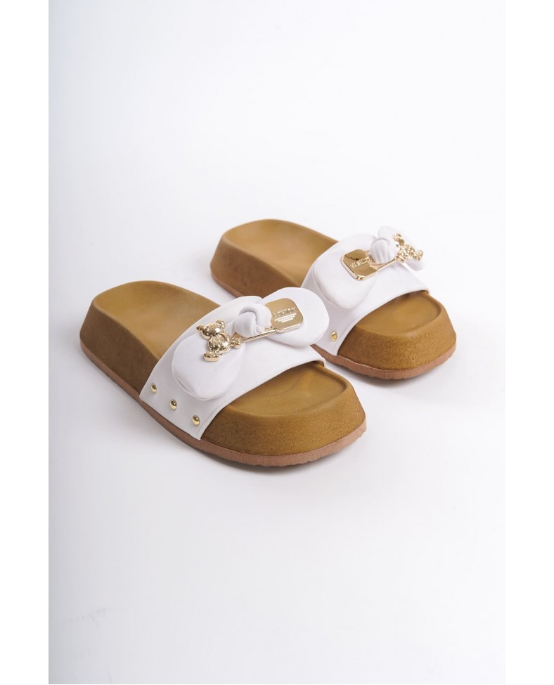 DILA Kalın ve Ortopedik Taban Ayıcıklı Saten Kadın Terlik  SKT - Beyaz Somersan Giyim | Kadın, Erkek ve Çocuk Moda