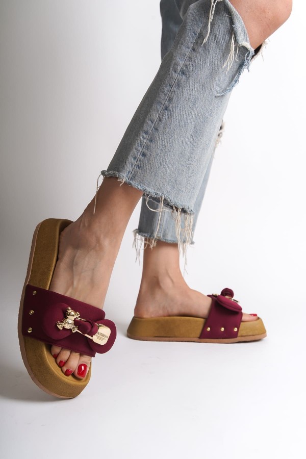 DILA Kalın ve Ortopedik Taban Ayıcıklı Saten Kadın Terlik  SKT - Bordo