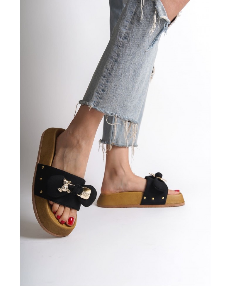 DILA Kalın ve Ortopedik Taban Ayıcıklı Saten Kadın Terlik  SKT - Siyah Somersan Giyim | Kadın, Erkek ve Çocuk Moda