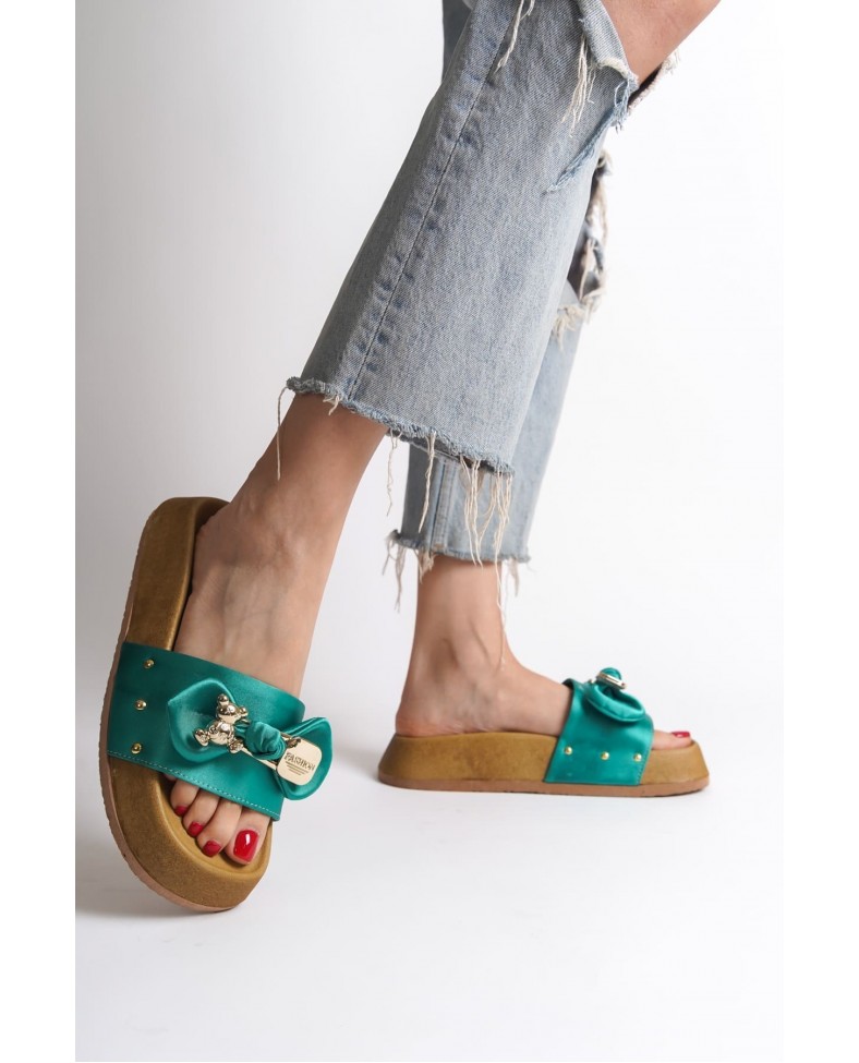 DILA Kalın ve Ortopedik Taban Ayıcıklı Saten Kadın Terlik  SKT - Yeşil Somersan Giyim | Kadın, Erkek ve Çocuk Moda