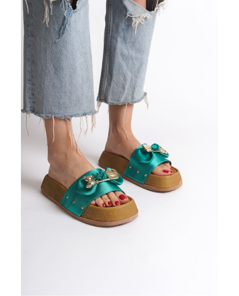 DILA Kalın ve Ortopedik Taban Ayıcıklı Saten Kadın Terlik  SKT - Yeşil Somersan Giyim | Kadın, Erkek ve Çocuk Moda