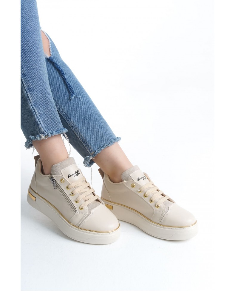 DINA Bağcıklı Fermuarlı Ortopedik Taban Kadın Sneaker Spor Ayakkabı  CKT - Krem/Altın Somersan Giyim | Kadın, Erkek ve Çocuk Moda