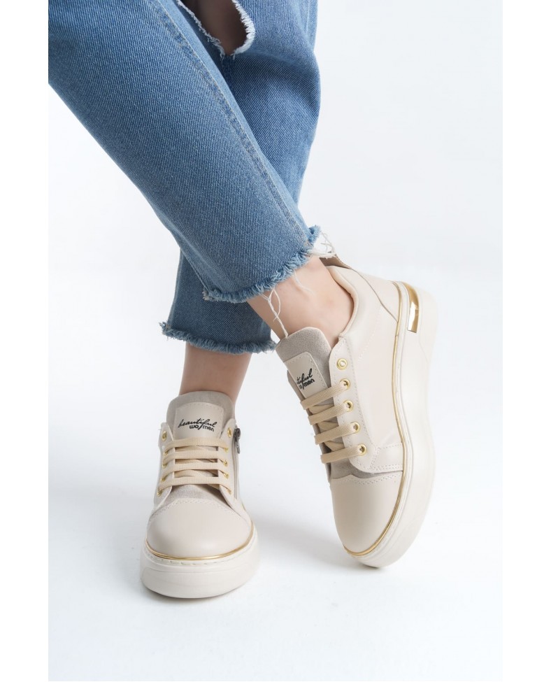 DINA Bağcıklı Fermuarlı Ortopedik Taban Kadın Sneaker Spor Ayakkabı  CKT - Krem/Altın Somersan Giyim | Kadın, Erkek ve Çocuk Moda