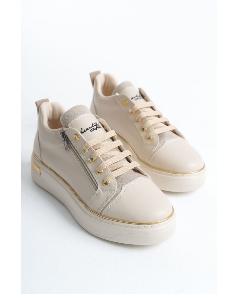 DINA Bağcıklı Fermuarlı Ortopedik Taban Kadın Sneaker Spor Ayakkabı  CKT - Krem/Altın Somersan Giyim | Kadın, Erkek ve Çocuk Moda