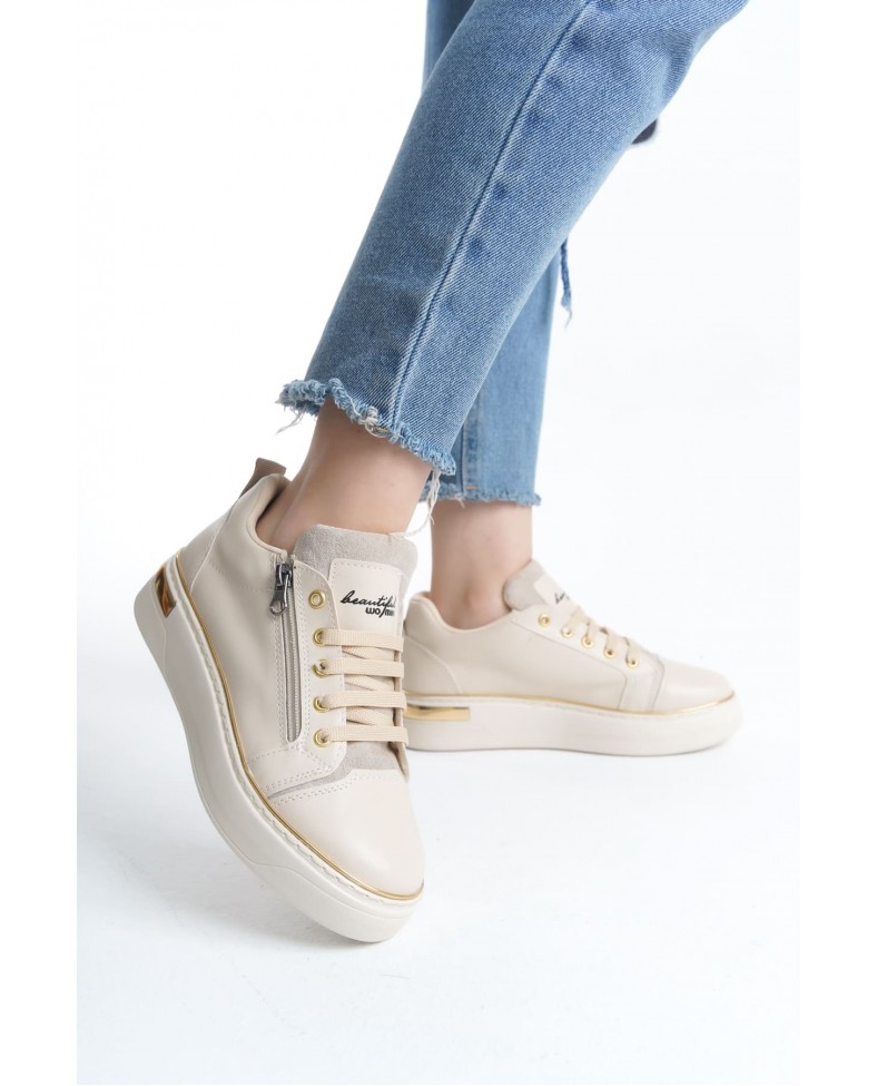 DINA Bağcıklı Fermuarlı Ortopedik Taban Kadın Sneaker Spor Ayakkabı  CKT - Krem/Altın Somersan Giyim | Kadın, Erkek ve Çocuk Moda