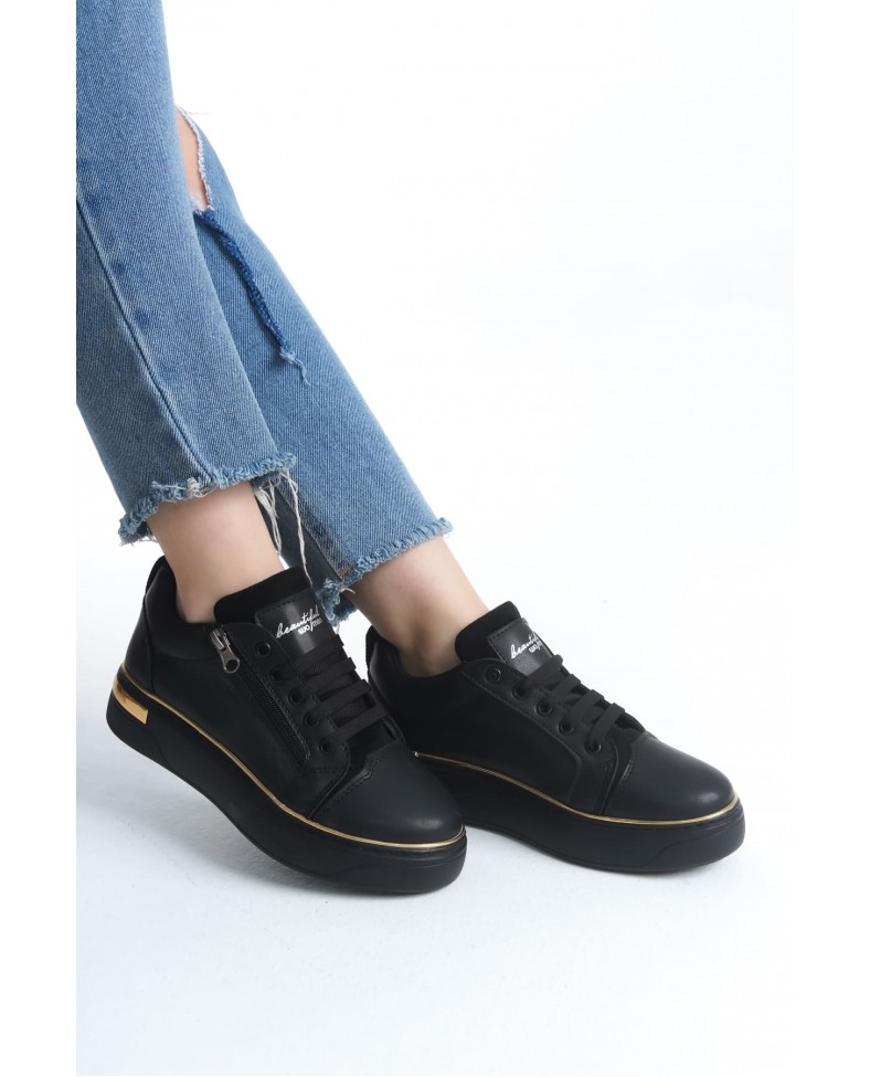 DINA Bağcıklı Fermuarlı Ortopedik Taban Kadın Sneaker Spor Ayakkabı  CST - Siyah/Altın Somersan Giyim | Kadın, Erkek ve Çocuk Moda