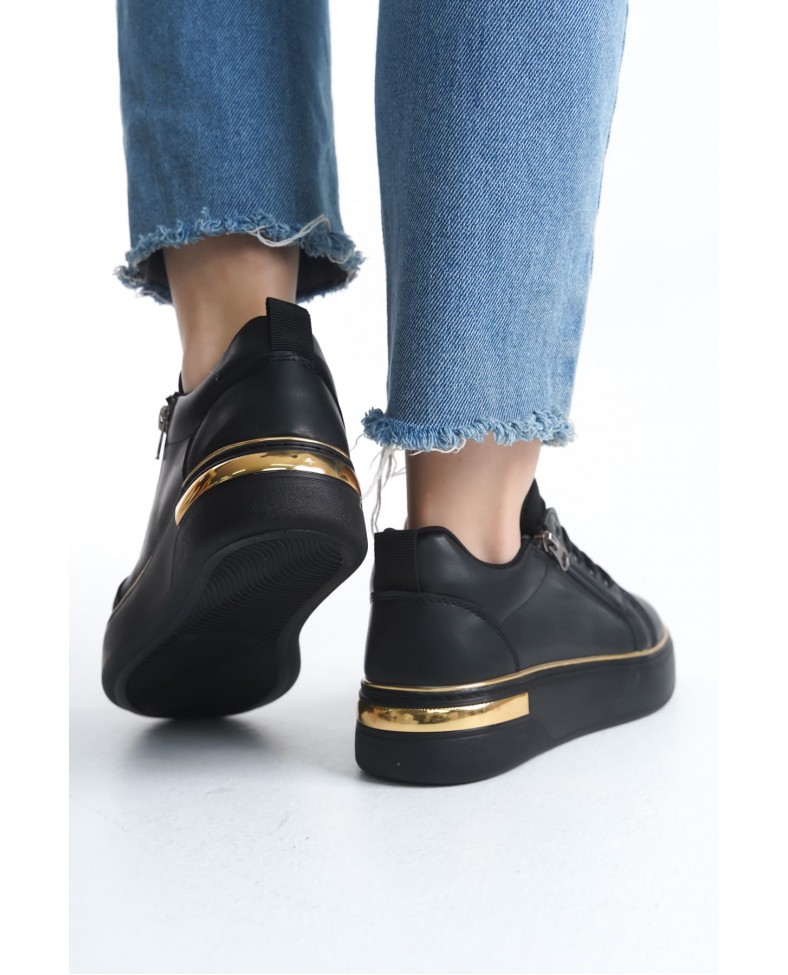 DINA Bağcıklı Fermuarlı Ortopedik Taban Kadın Sneaker Spor Ayakkabı  CST - Siyah/Altın Somersan Giyim | Kadın, Erkek ve Çocuk Moda