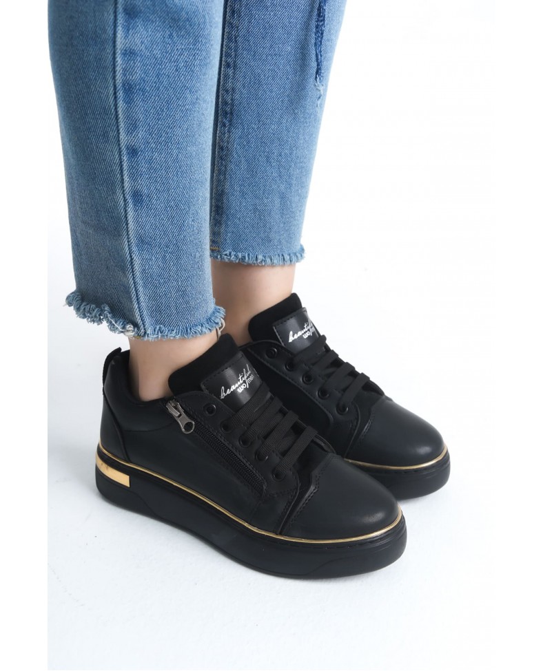 DINA Bağcıklı Fermuarlı Ortopedik Taban Kadın Sneaker Spor Ayakkabı  CST - Siyah/Altın Somersan Giyim | Kadın, Erkek ve Çocuk Moda