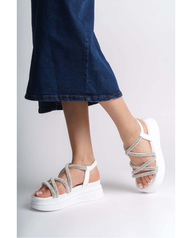 ELENA Lastikli Taşlı Şeritli Ortopedik Taban Kadın Sandalet  CBT - Beyaz Somersan Giyim | Kadın, Erkek ve Çocuk Moda
