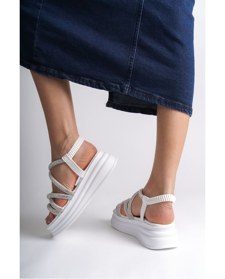 ELENA Lastikli Taşlı Şeritli Ortopedik Taban Kadın Sandalet  CBT - Beyaz Somersan Giyim | Kadın, Erkek ve Çocuk Moda