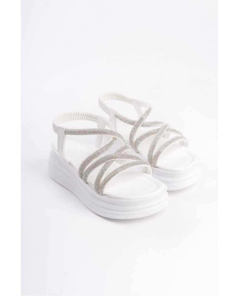 ELENA Lastikli Taşlı Şeritli Ortopedik Taban Kadın Sandalet  CBT - Beyaz Somersan Giyim | Kadın, Erkek ve Çocuk Moda