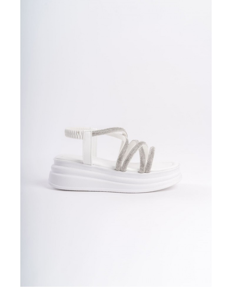 ELENA Lastikli Taşlı Şeritli Ortopedik Taban Kadın Sandalet  CBT - Beyaz Somersan Giyim | Kadın, Erkek ve Çocuk Moda