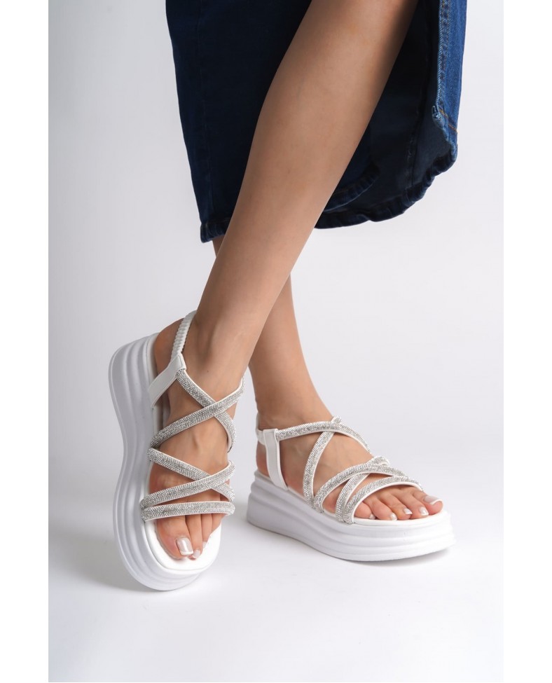 ELENA Lastikli Taşlı Şeritli Ortopedik Taban Kadın Sandalet  CBT - Beyaz Somersan Giyim | Kadın, Erkek ve Çocuk Moda