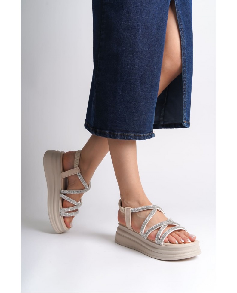 ELENA Lastikli Taşlı Şeritli Ortopedik Taban Kadın Sandalet  CKT - Krem Somersan Giyim | Kadın, Erkek ve Çocuk Moda
