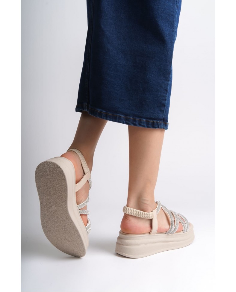 ELENA Lastikli Taşlı Şeritli Ortopedik Taban Kadın Sandalet  CKT - Krem Somersan Giyim | Kadın, Erkek ve Çocuk Moda