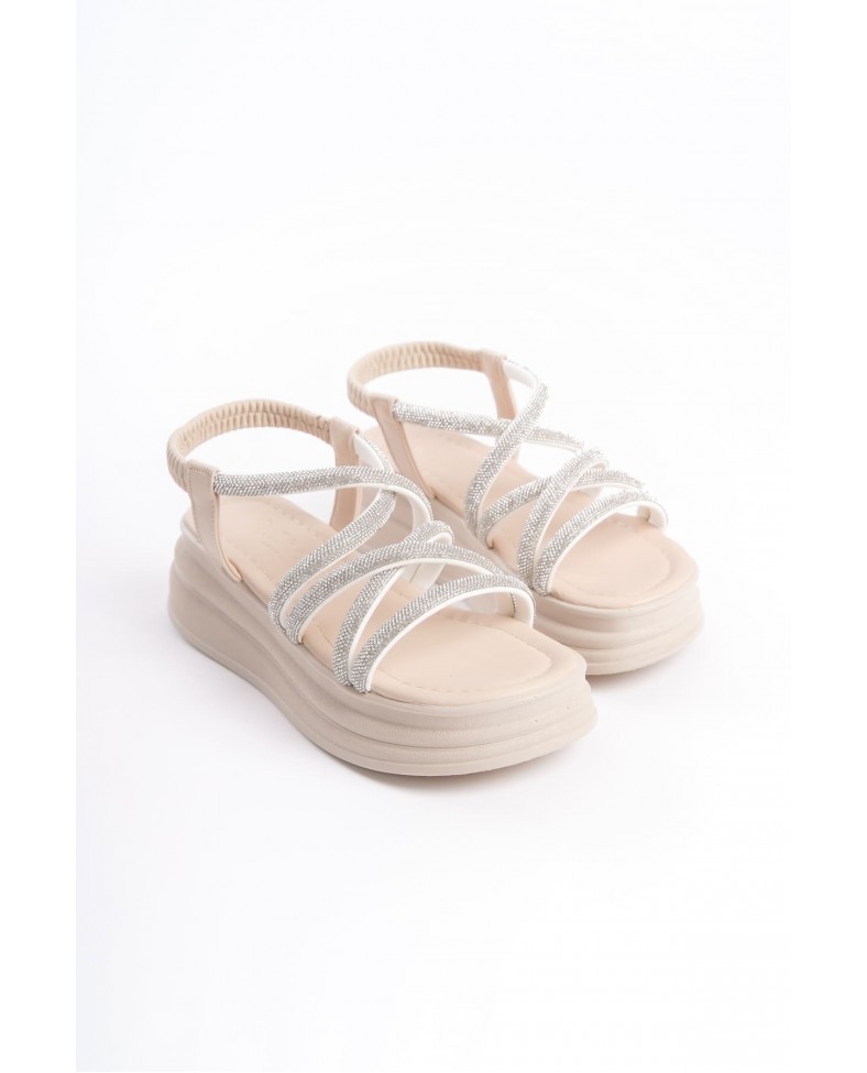 ELENA Lastikli Taşlı Şeritli Ortopedik Taban Kadın Sandalet  CKT - Krem Somersan Giyim | Kadın, Erkek ve Çocuk Moda