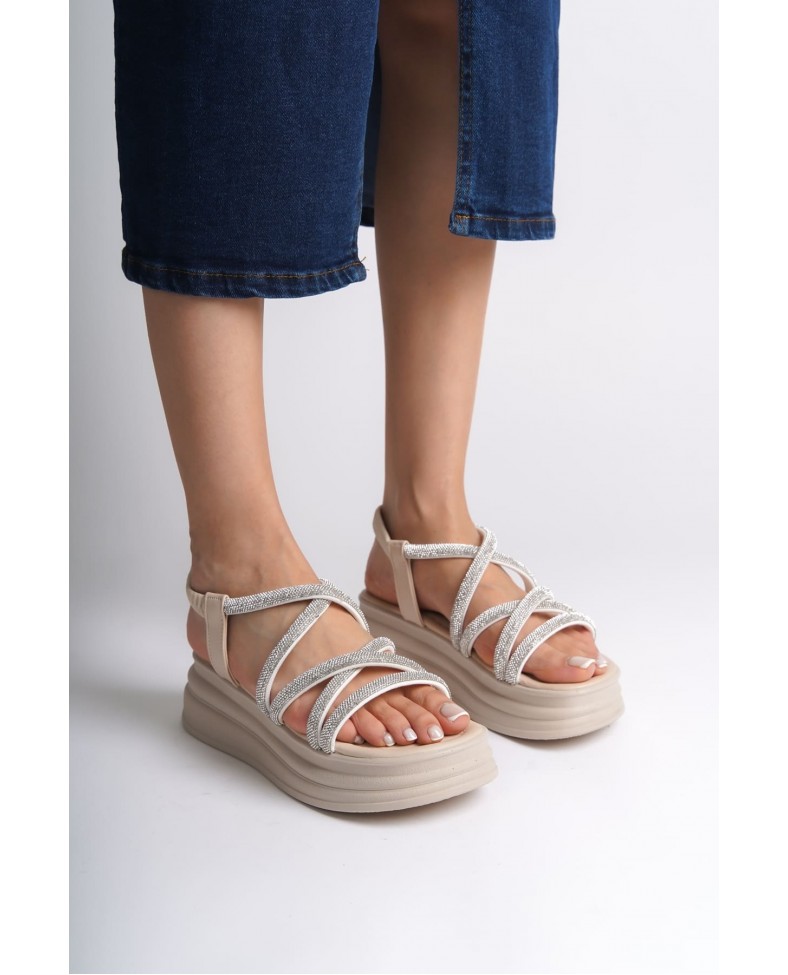 ELENA Lastikli Taşlı Şeritli Ortopedik Taban Kadın Sandalet  CKT - Krem Somersan Giyim | Kadın, Erkek ve Çocuk Moda