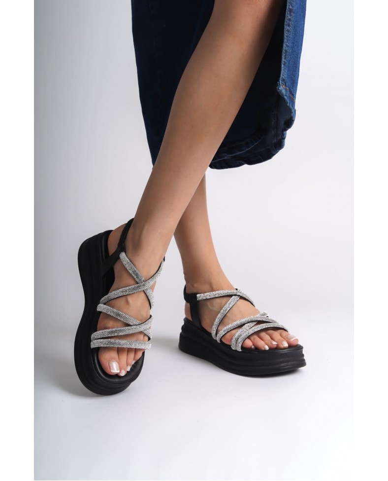 ELENA Lastikli Taşlı Şeritli Ortopedik Taban Kadın Sandalet CST - Siyah Somersan Giyim | Kadın, Erkek ve Çocuk Moda